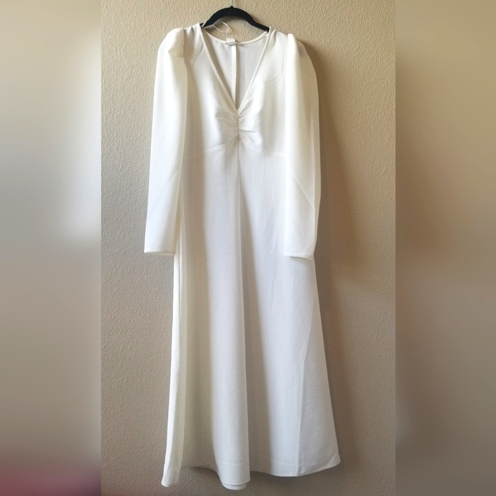 H&M cream long sleeve V neck dress